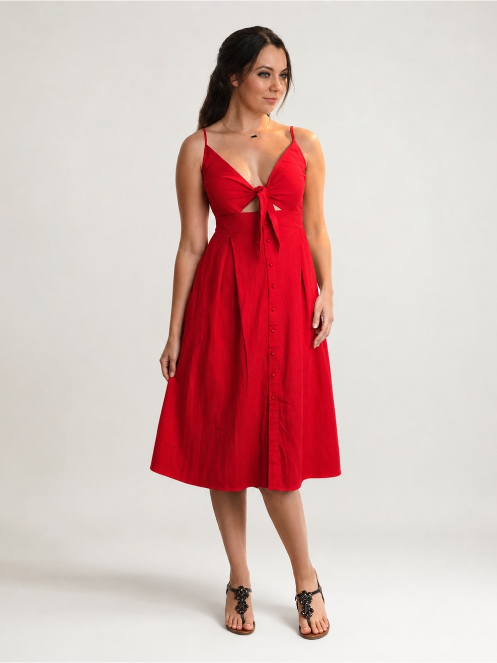 Red Front Knotted Shoulder Strap Midi Dress - with pockets - size M